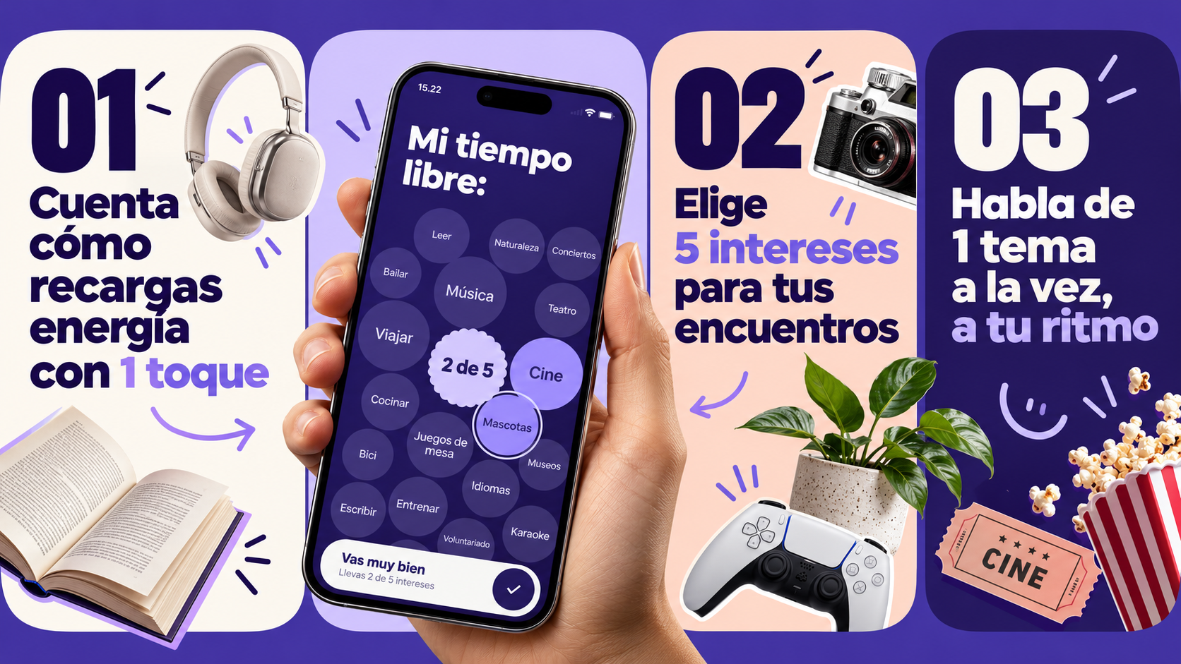 Pantallas de la app Veritea: cómo recargas energía, elegir intereses de tiempo libre y conversación guiada sobre lo que te pesa
